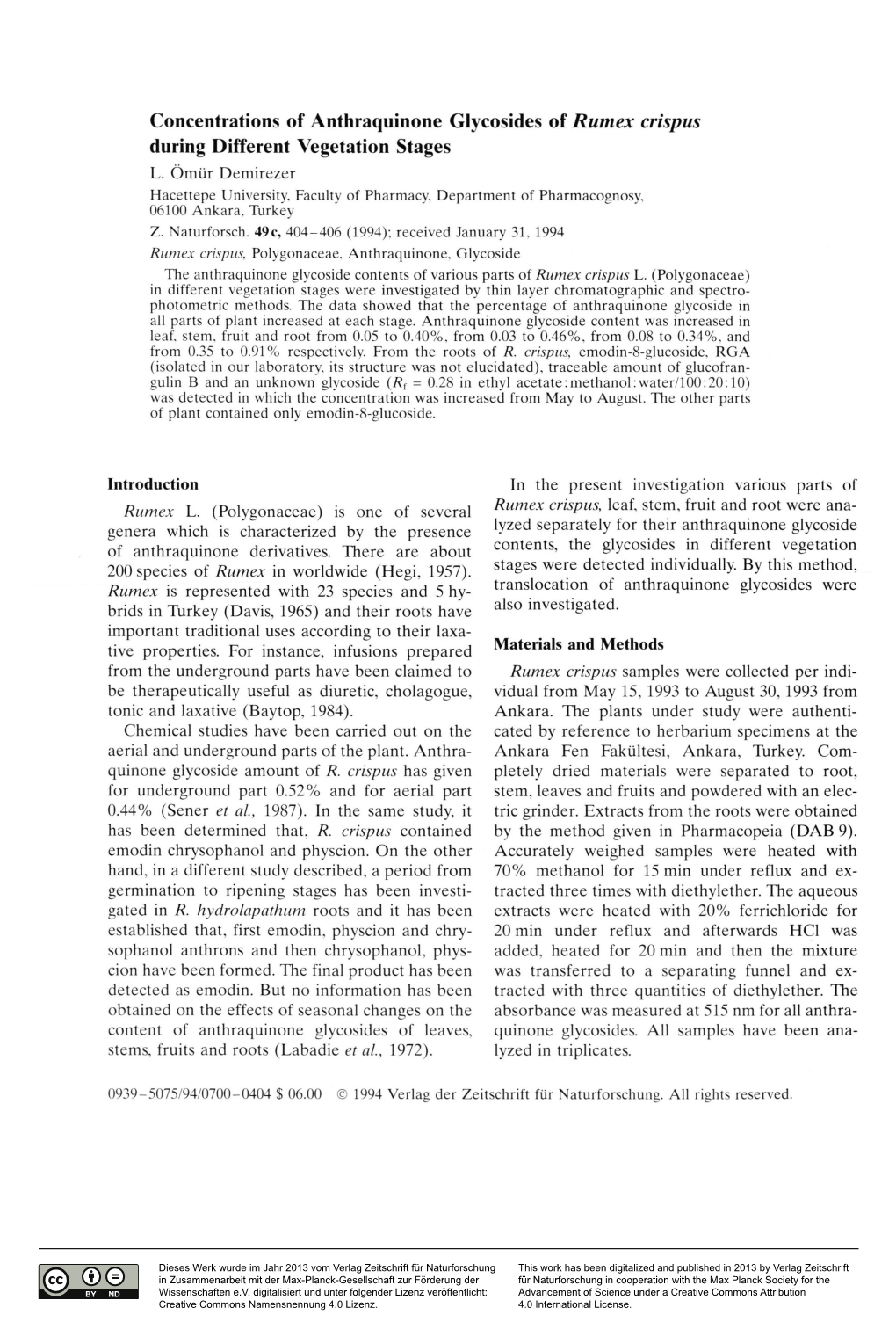 Concentrations of Anthraquinone Glycosides of Rumex Crispus During Different Vegetation Stages L