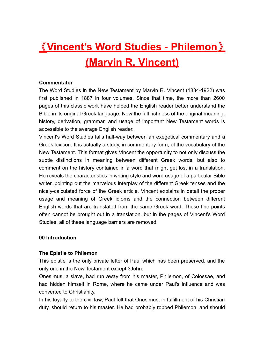 Vincent S Word Studies - Philemon (Marvin R. Vincent)