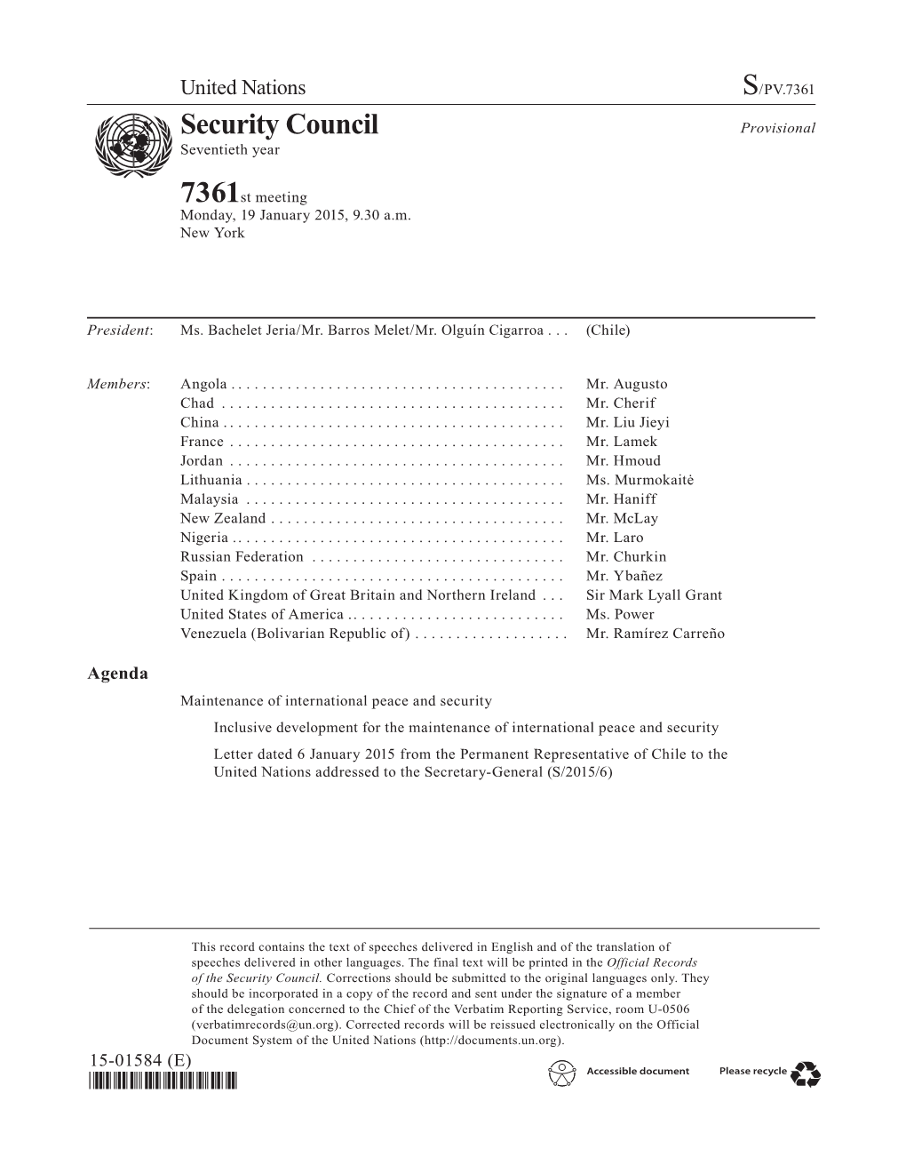 S/PV.7361 Security Council Provisional Asdf Seventieth Year 7361St Meeting Monday, 19 January 2015, 9.30 A.M