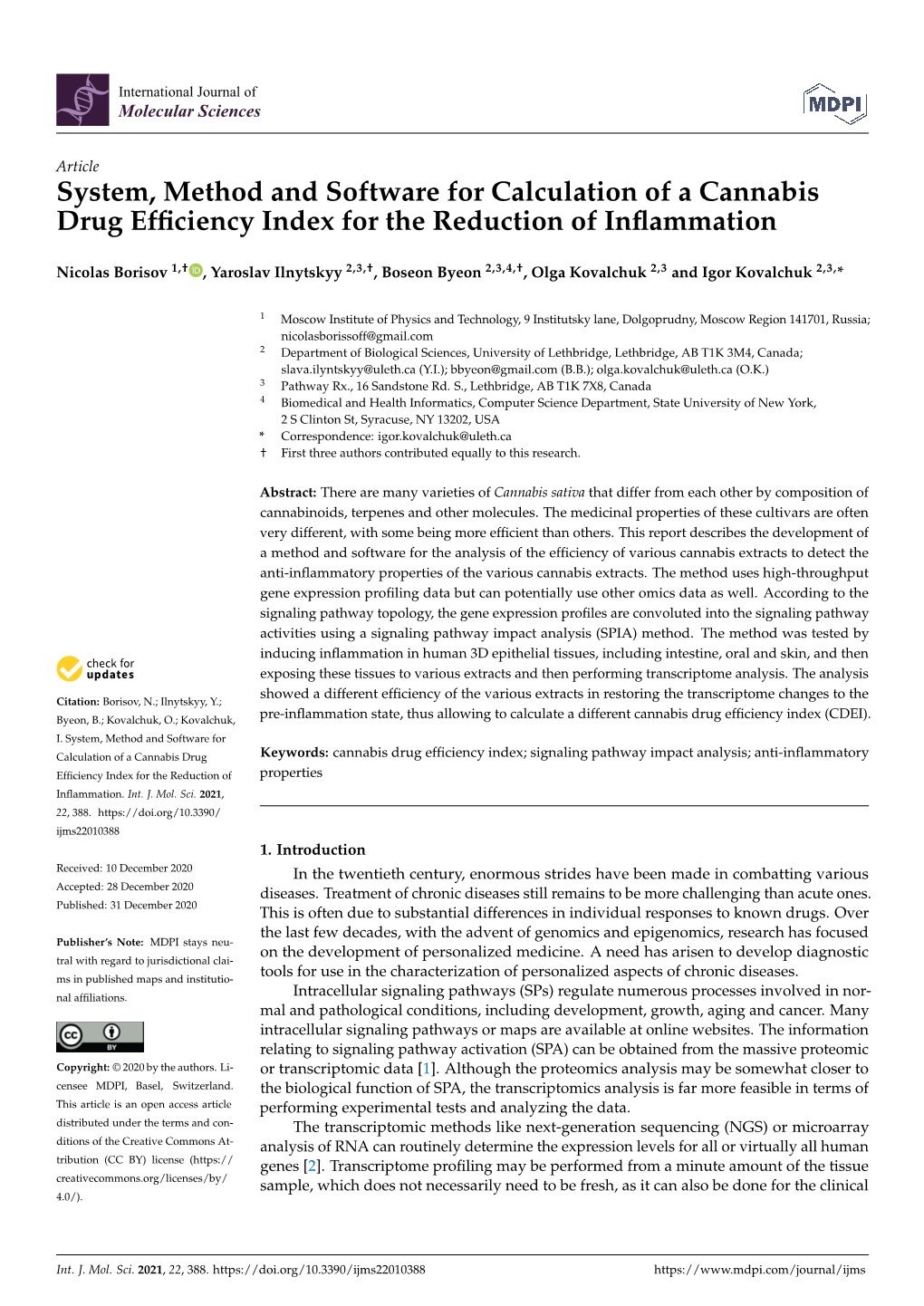 System, Method and Software for Calculation of a Cannabis Drug Efﬁciency Index for the Reduction of Inﬂammation