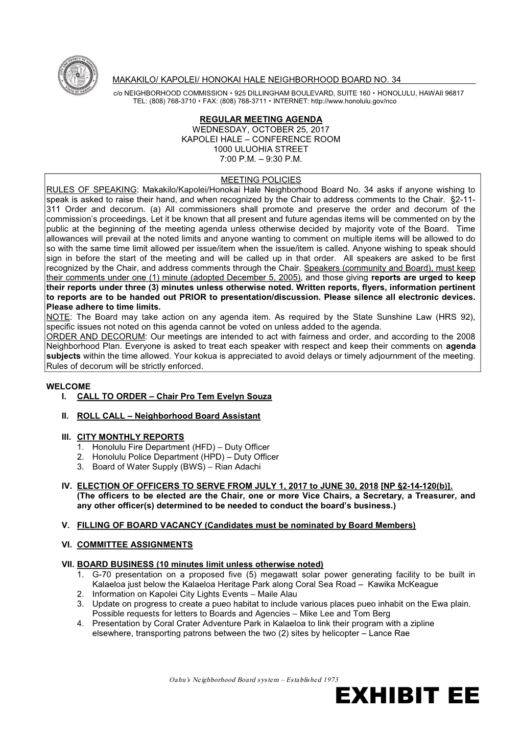 Exhibit Ee Makakilo/Kapolei/Honokai Hale Neighborhood Board No
