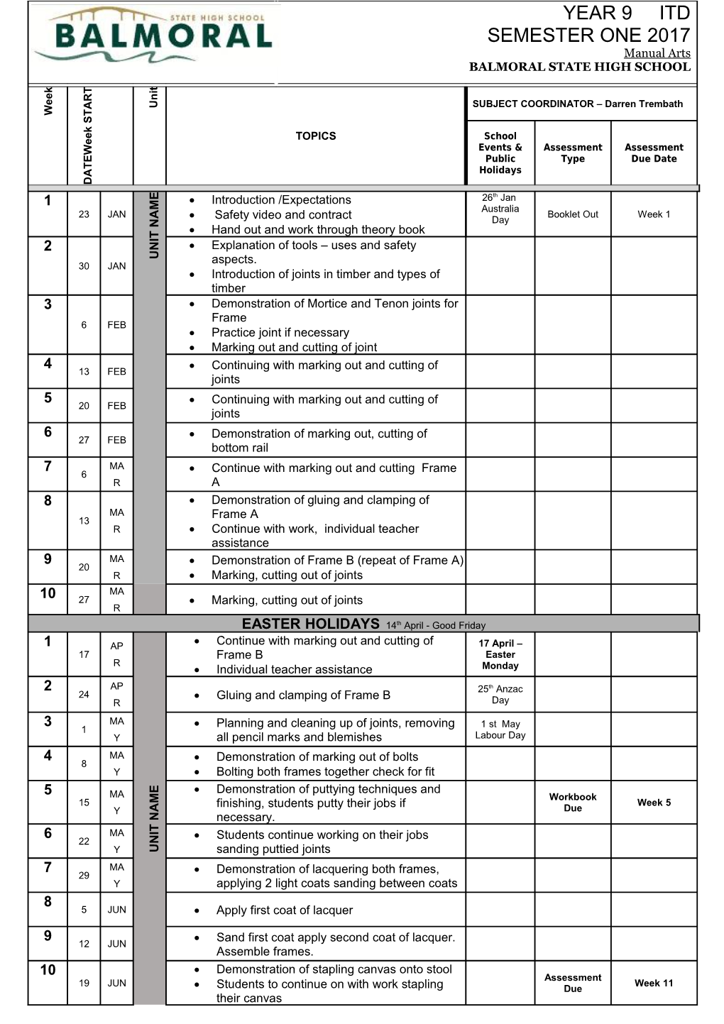 YEAR 9 ITD SEMESTER ONE 2017 Manual Arts BALMORAL STATE HIGH SCHOOL