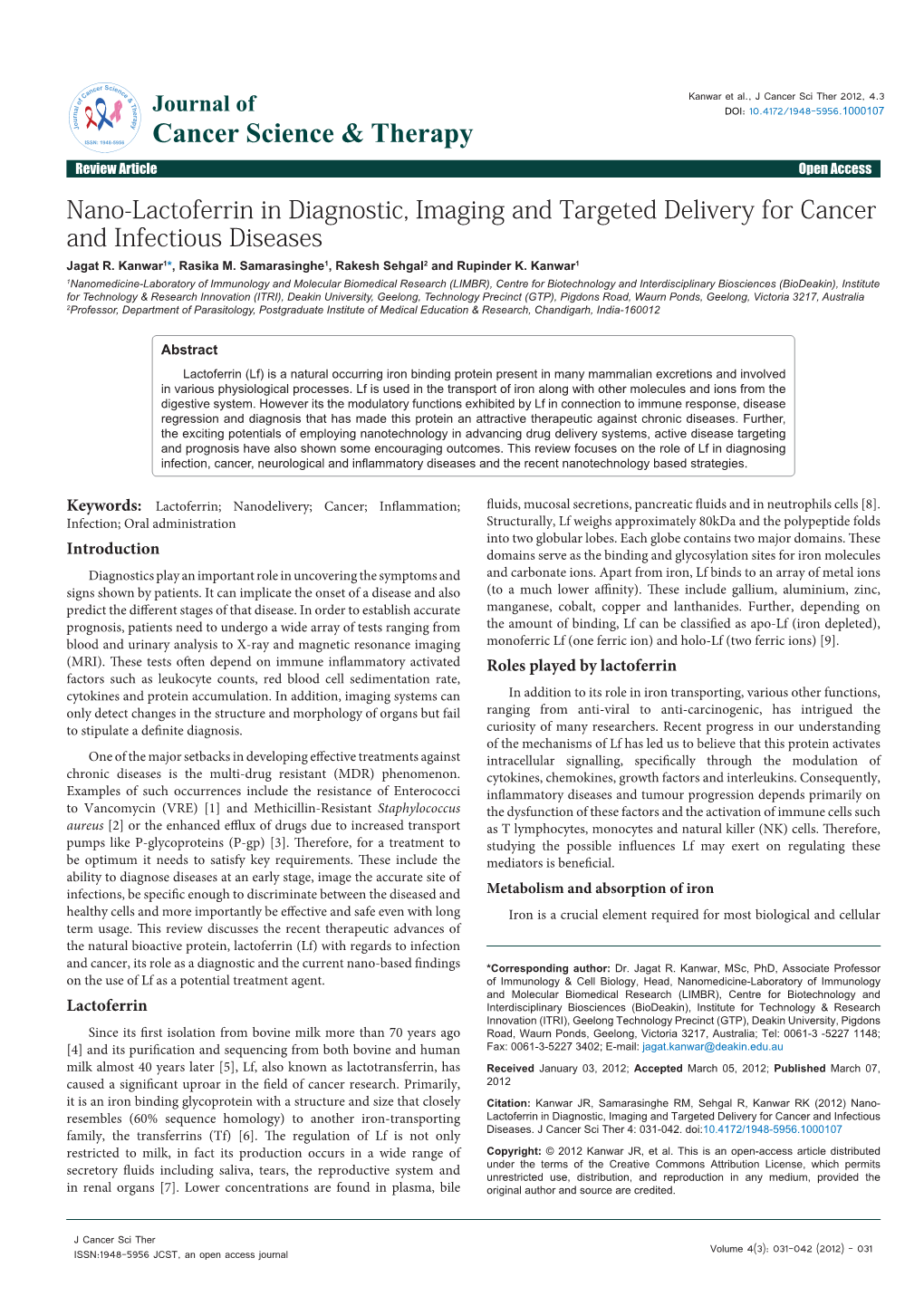 Nano-Lactoferrin in Diagnostic, Imaging and Targeted Delivery for Cancer and Infectious Diseases Jagat R