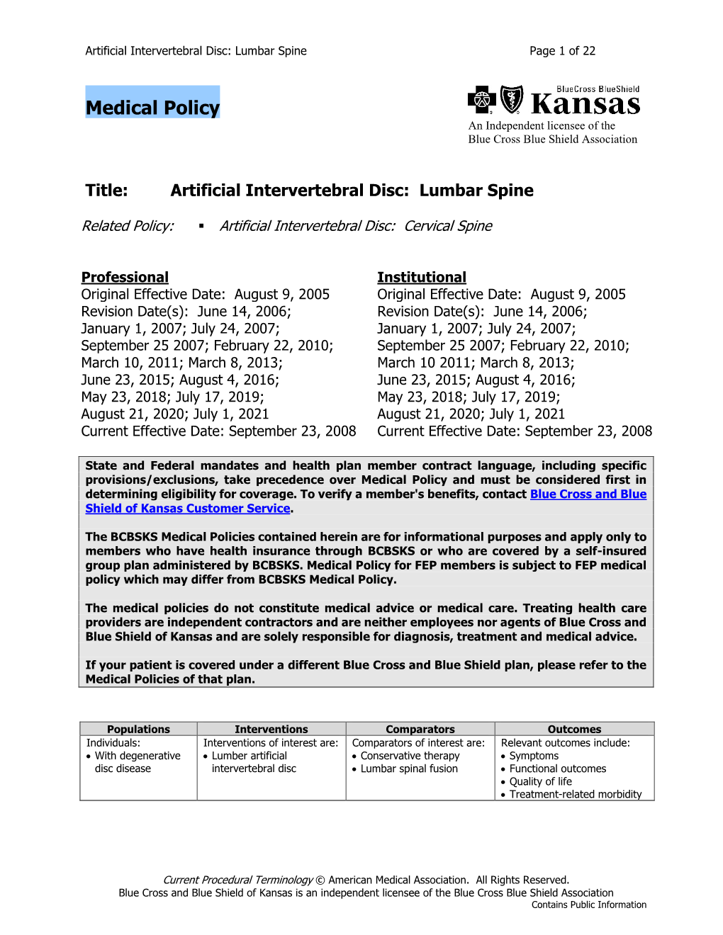 Artificial Intervertebral Disc: Lumbar Spine Page 1 of 22