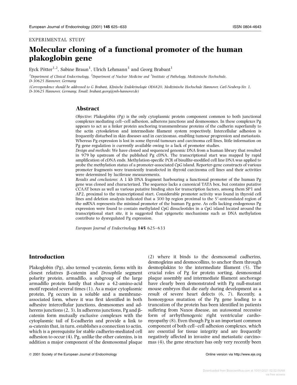 Molecular Cloning of a Functional Promoter of the Human Plakoglobin