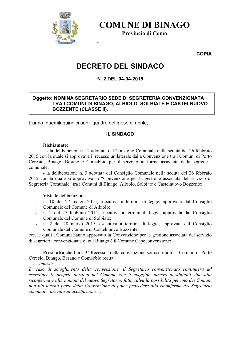 Page 1 COMUNE DI BINAGO Provincia Di Como COPIA