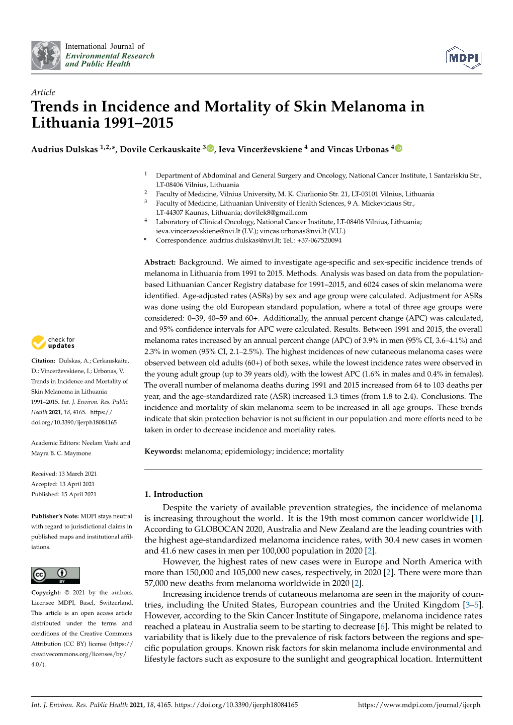 Trends in Incidence and Mortality of Skin Melanoma in Lithuania 1991–2015