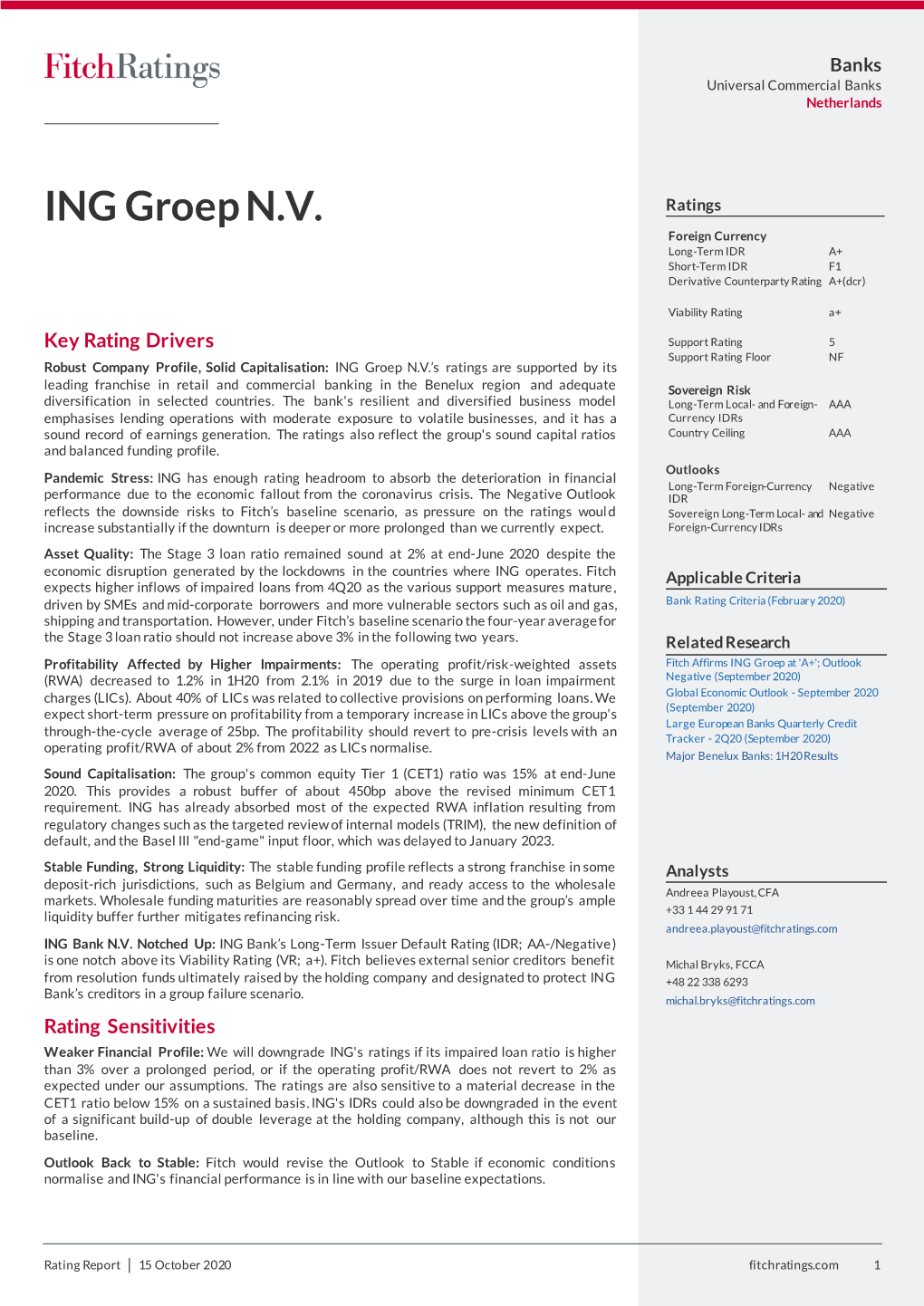 Fitch Ratings ING Groep N.V. Ratings Report 2020-10-15