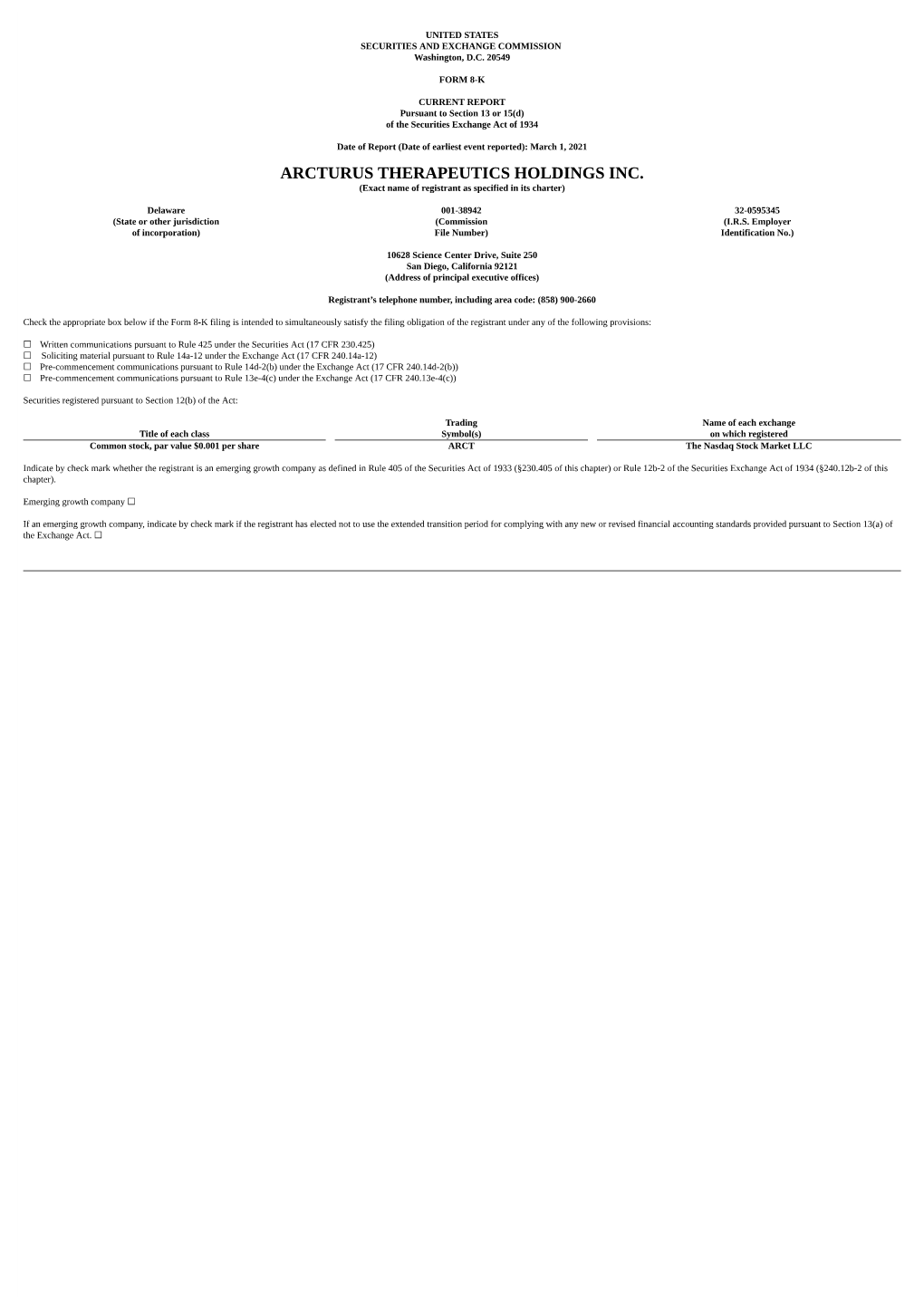 ARCTURUS THERAPEUTICS HOLDINGS INC. (Exact Name of Registrant As Specified in Its Charter)