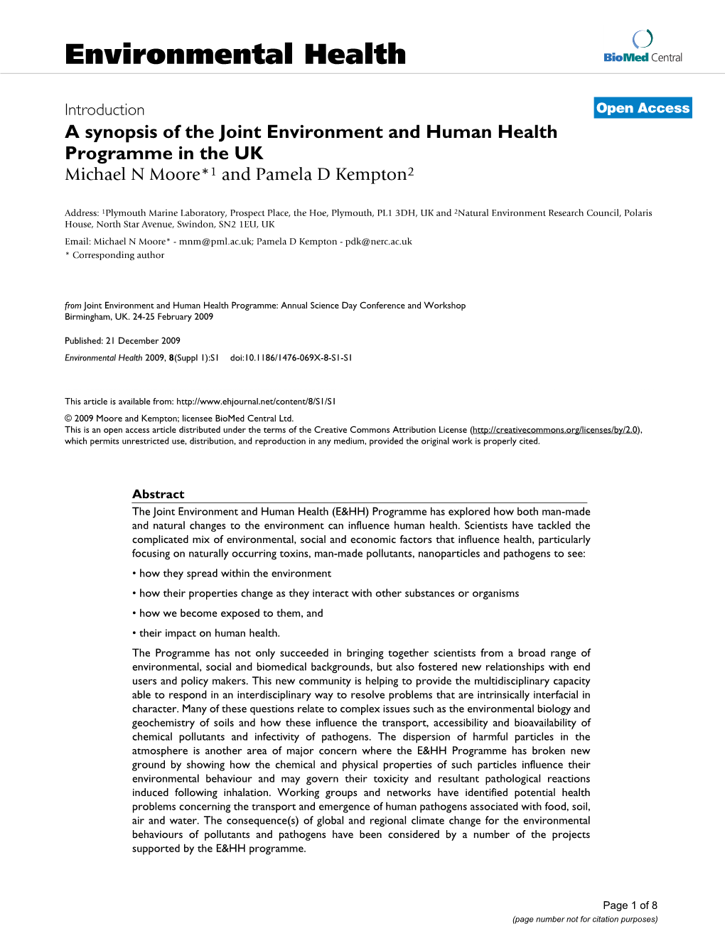 A Synopsis of the Joint Environment and Human Health Programme in the UK Michael N Moore*1 and Pamela D Kempton2