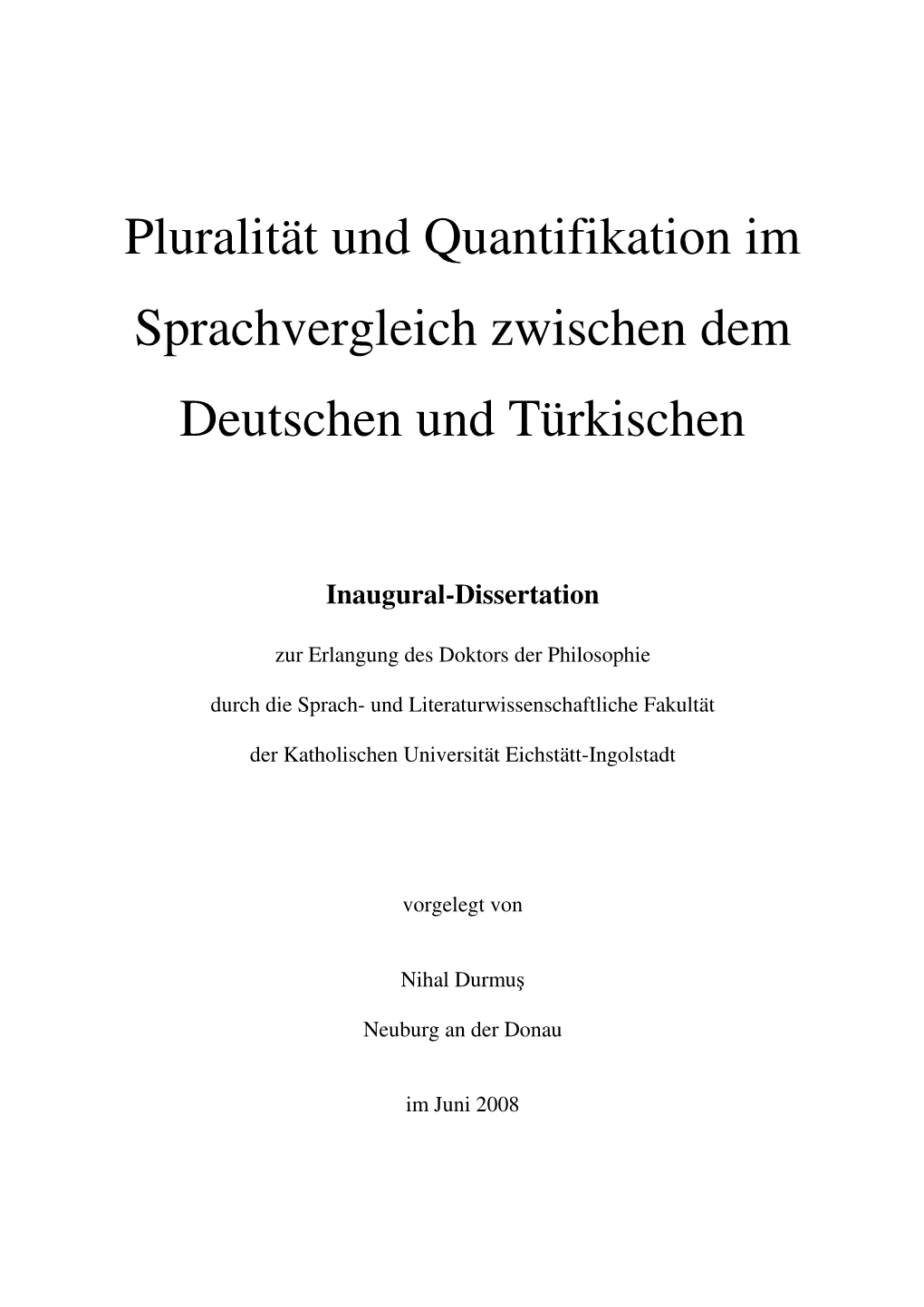 Pluralität Und Quantifikation Im Sprachvergleich Zwischen Dem Deutschen Und Türkischen