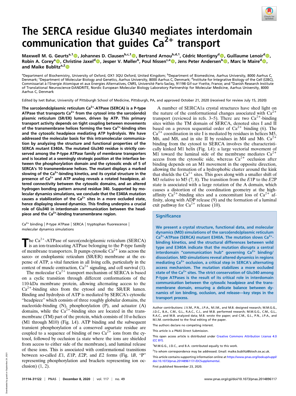 The SERCA Residue Glu340 Mediates Interdomain Communication That Guides Ca2+ Transport