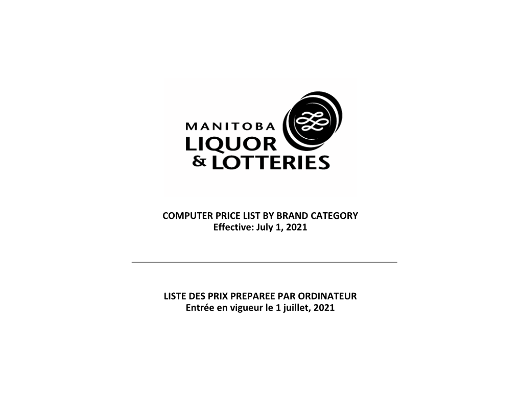 Manitoba Liquor & Lotteries Category Price List Effective July 1, 2021