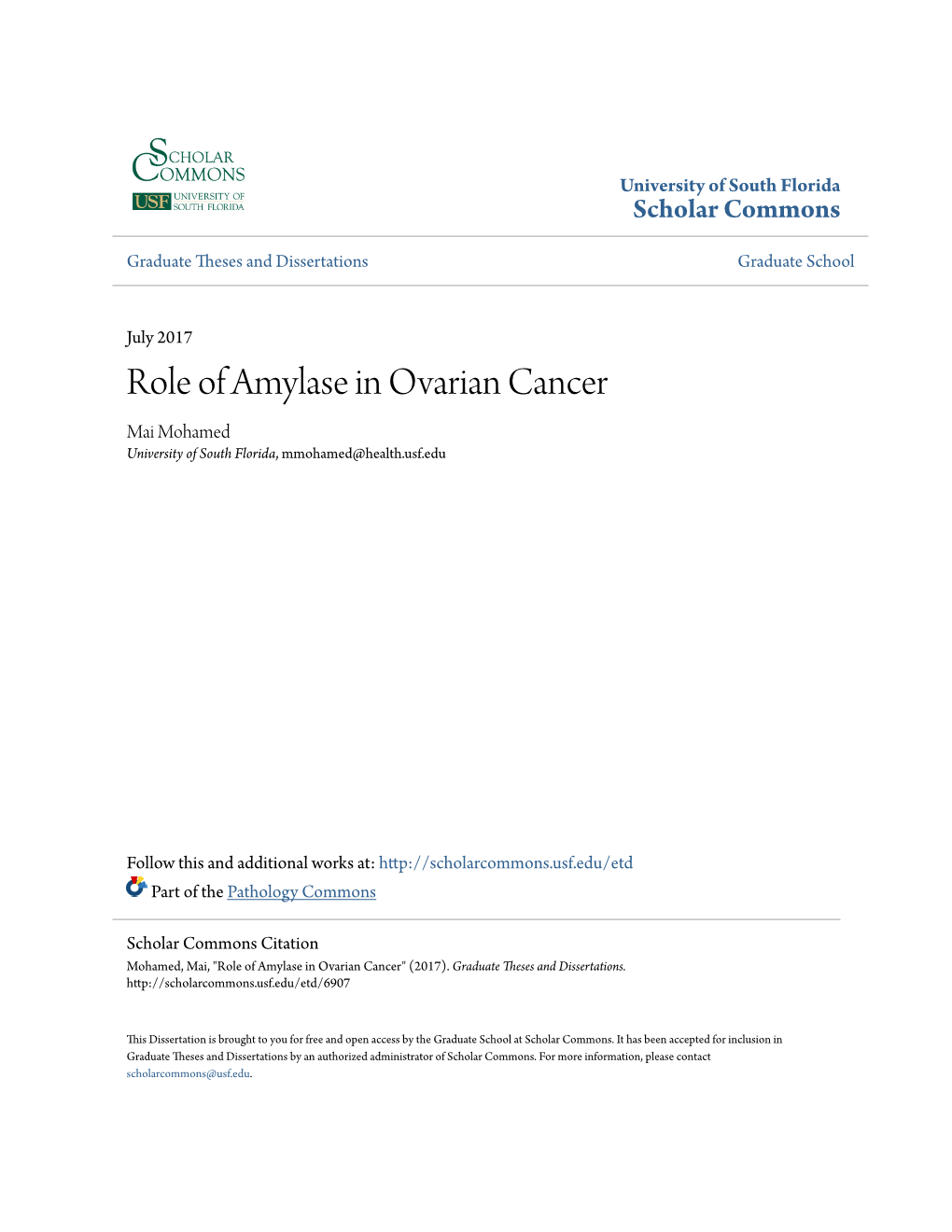 Role of Amylase in Ovarian Cancer Mai Mohamed University of South Florida, Mmohamed@Health.Usf.Edu