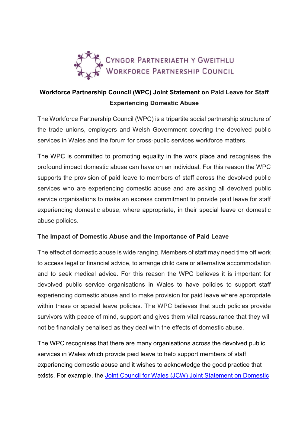 Workforce Partnership Council (WPC) Joint Statement on Paid Leave for Staff Experiencing Domestic Abuse