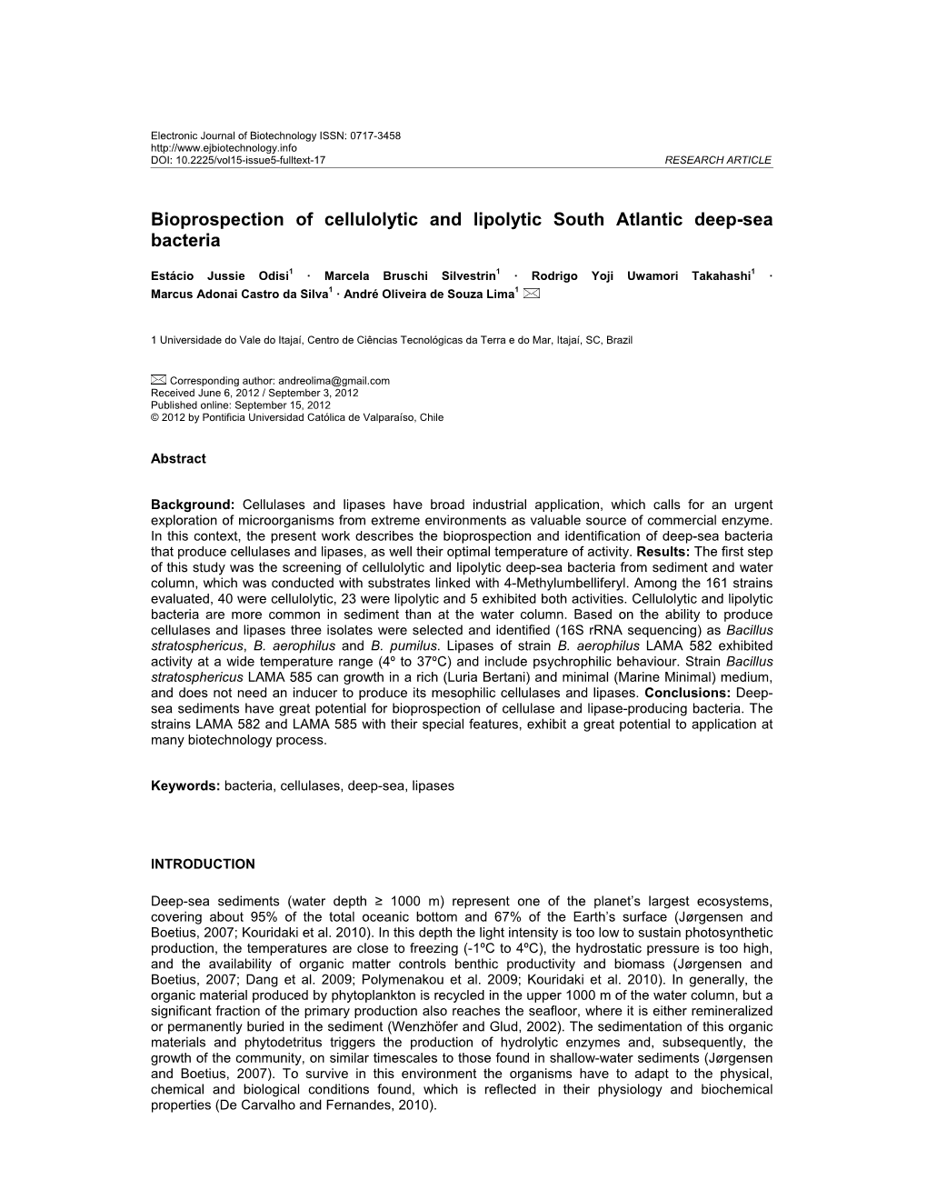 Bioprospection of Cellulolytic and Lipolytic South Atlantic Deep-Sea Bacteria