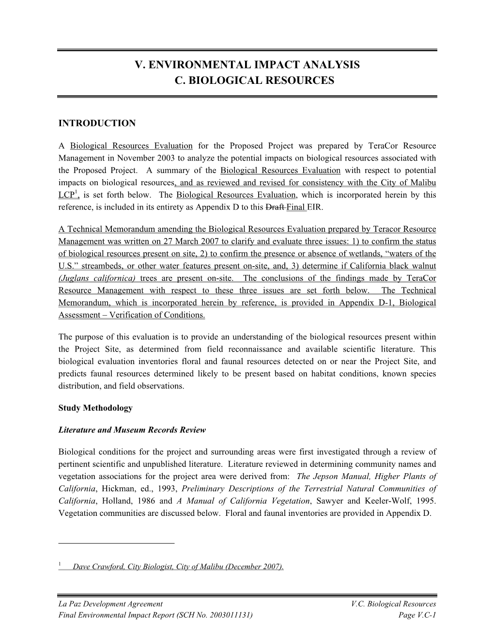 V. Environmental Impact Analysis C. Biological Resources