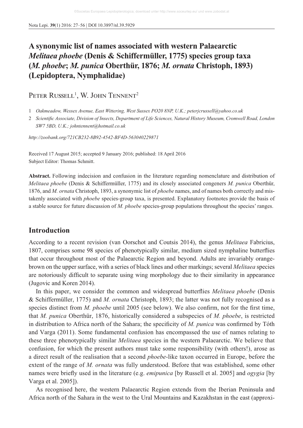 Russell & Tennent: a Synonymic List of Names Associated With