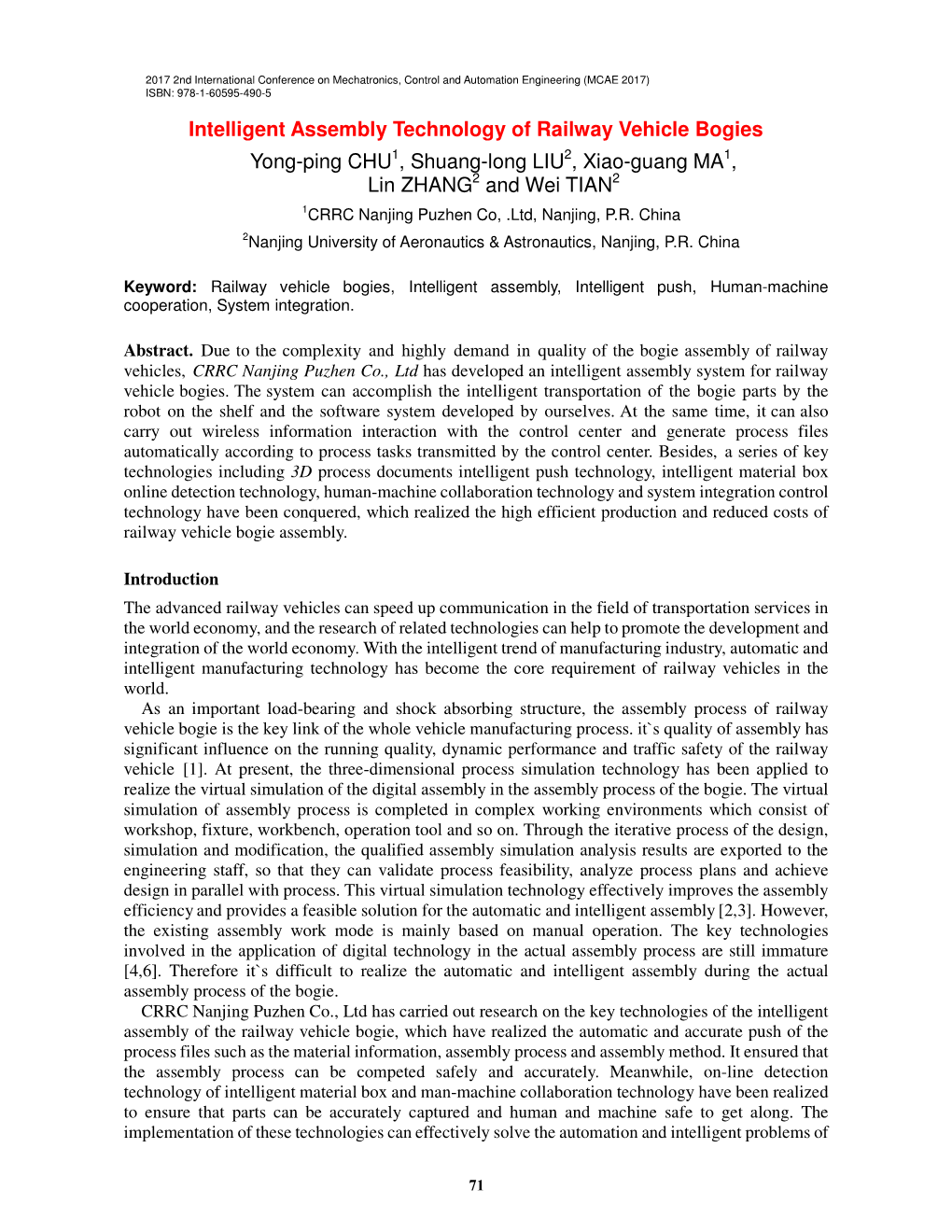 Intelligent Assembly Technology of Railway Vehicle Bogies Yong-Ping