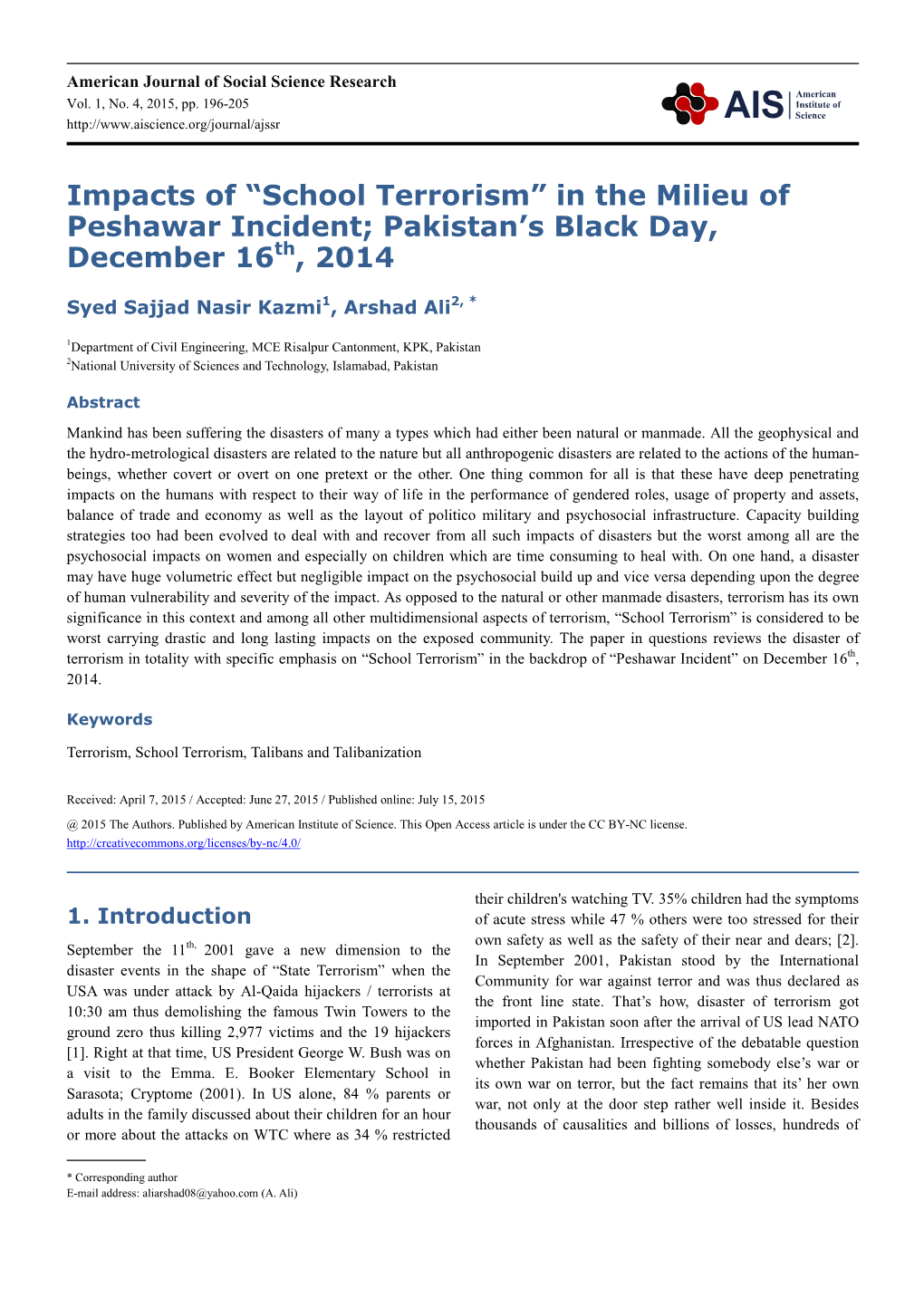 School Terrorism” in the Milieu of Peshawar Incident; Pakistan’S Black Day, December 16Th, 2014