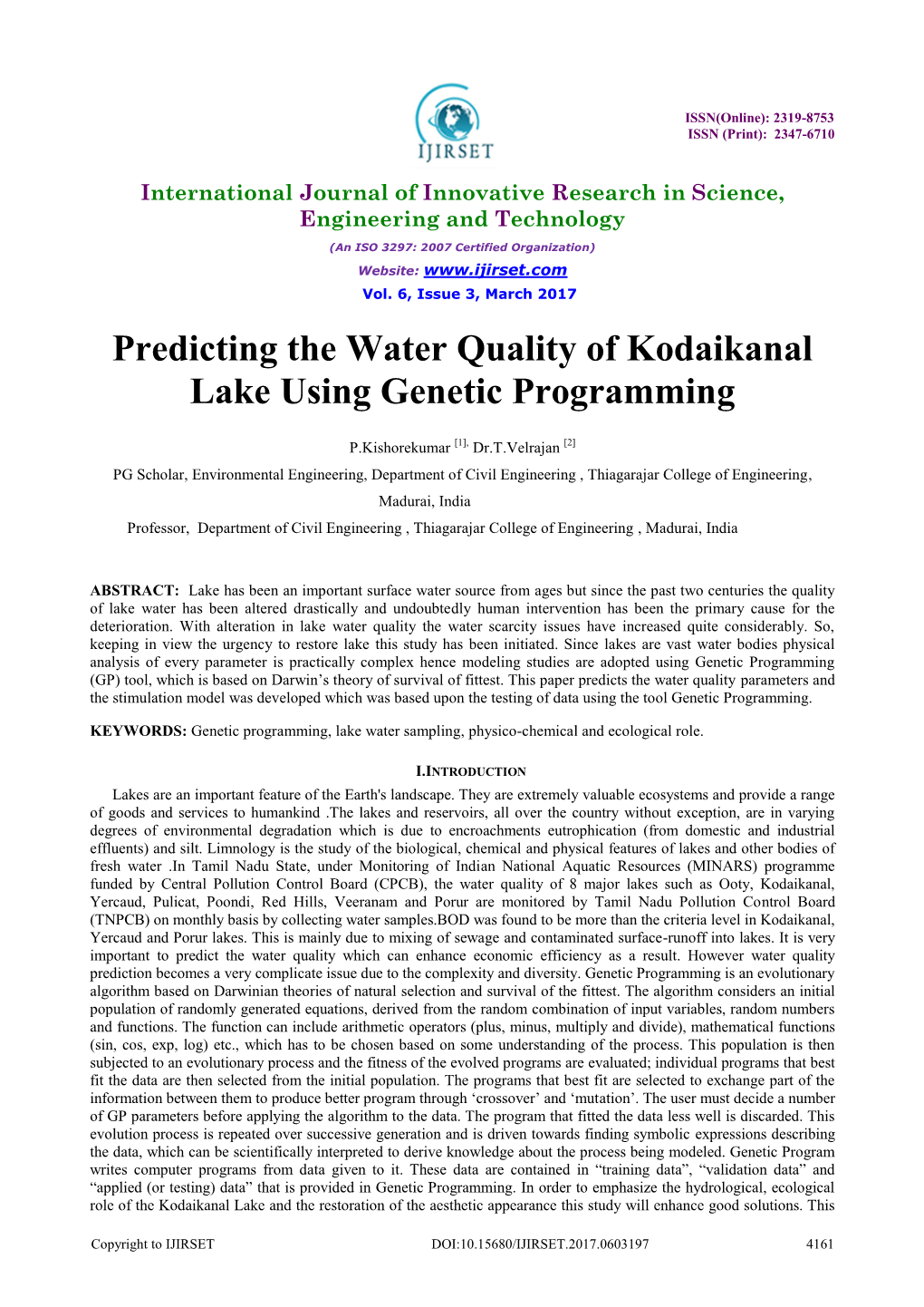 Predicting the Water Quality of Kodaikanal Lake Using Genetic Programming