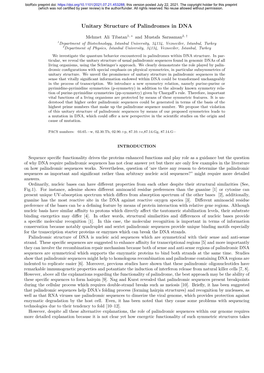 Unitary Structure of Palindromes in DNA