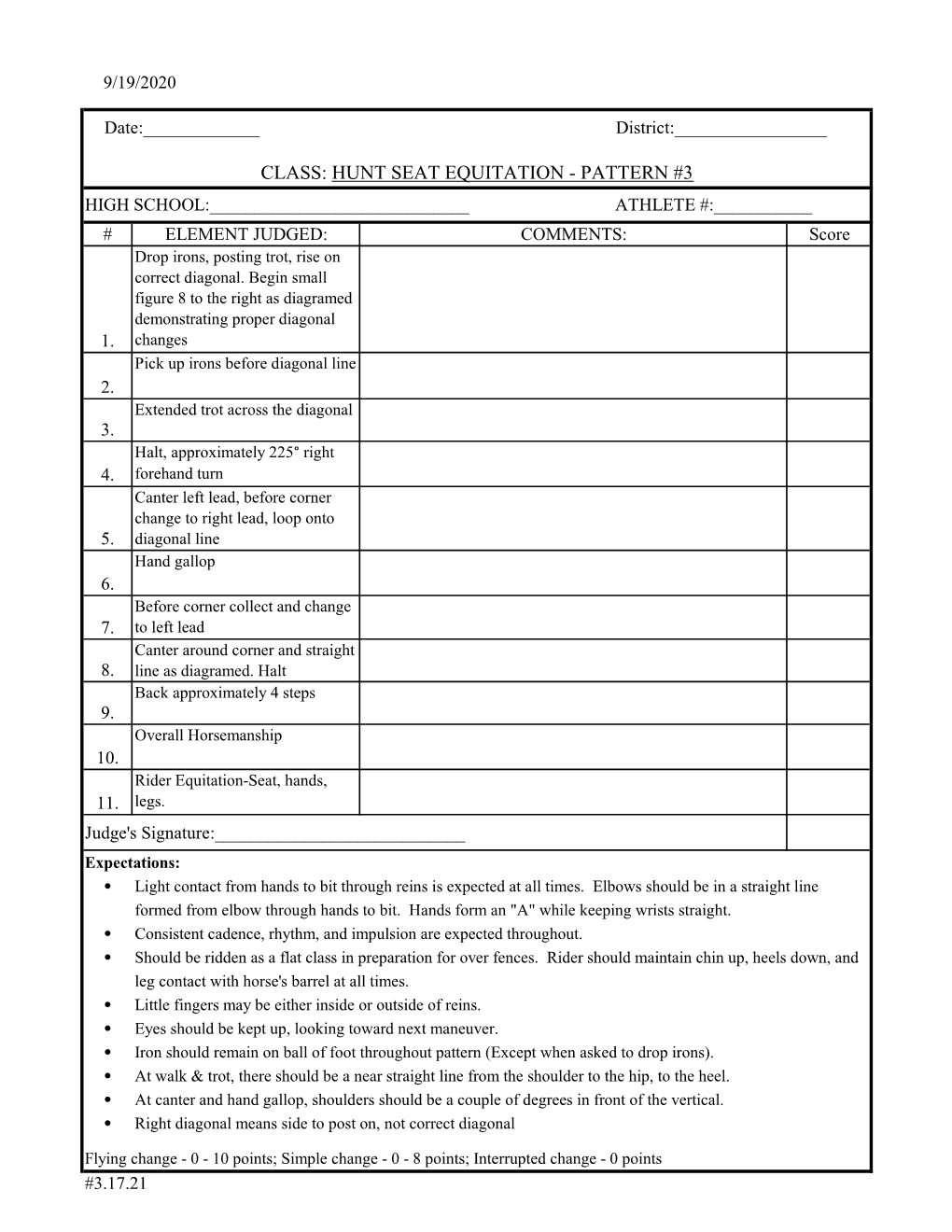 CLASS: HUNT SEAT EQUITATION - PATTERN #3 HIGH SCHOOL:______ATHLETE #:______# ELEMENT JUDGED: COMMENTS: Score Drop Irons, Posting Trot, Rise on Correct Diagonal