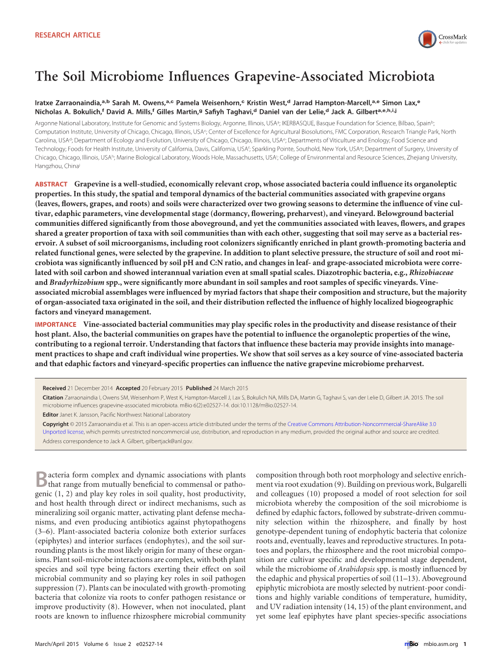 The Soil Microbiome Influences Grapevine-Associated Microbiota