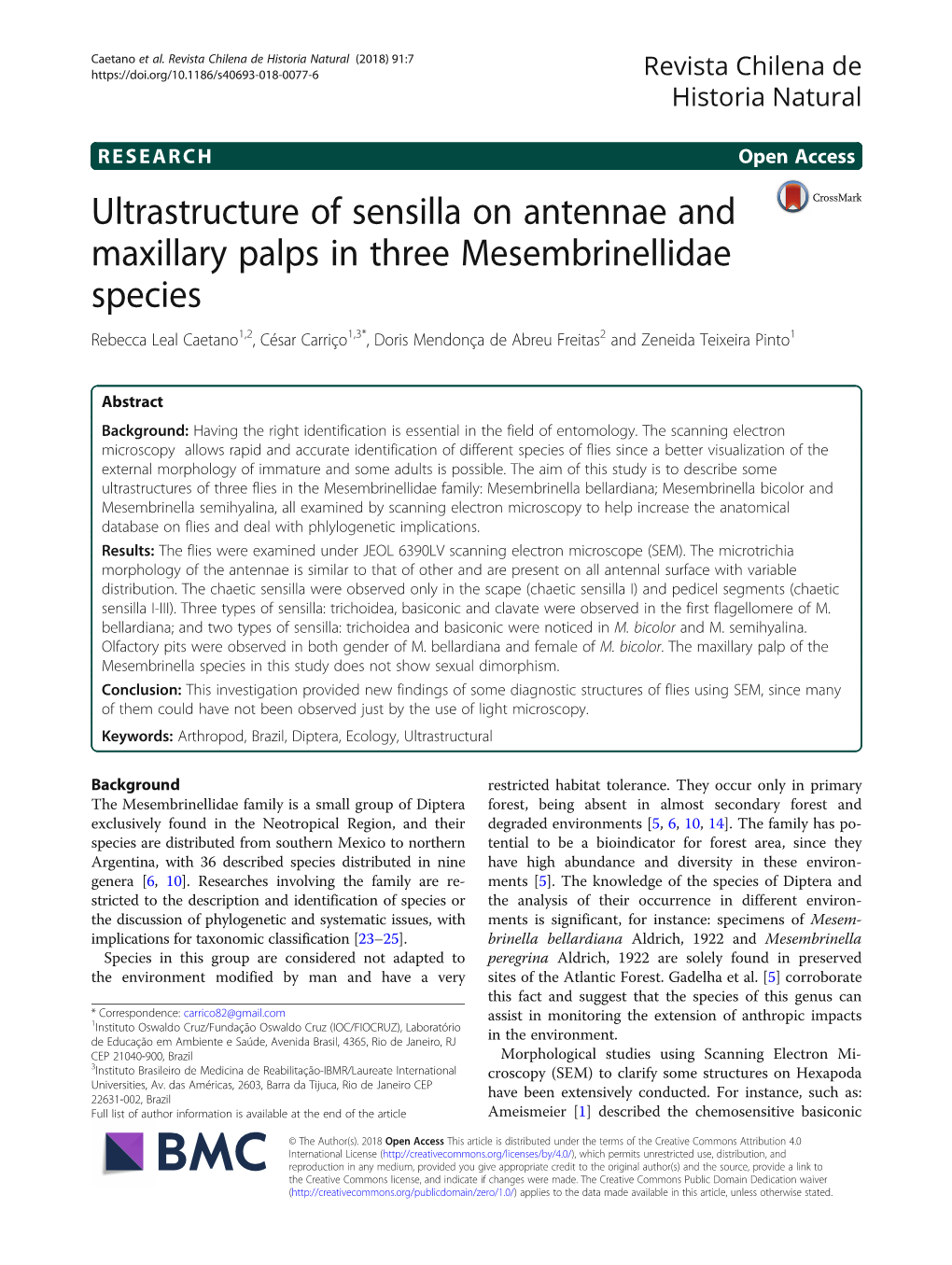 Ultrastructure of Sensilla on Antennae and Maxillary Palps in Three Mesembrinellidae Species