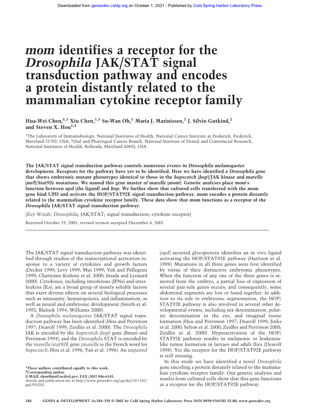 Mom Identifies a Receptor for the Drosophila JAK/STAT Signal Transduction Pathway and Encodes a Protein Distantly Related to the Mammalian Cytokine Receptor Family