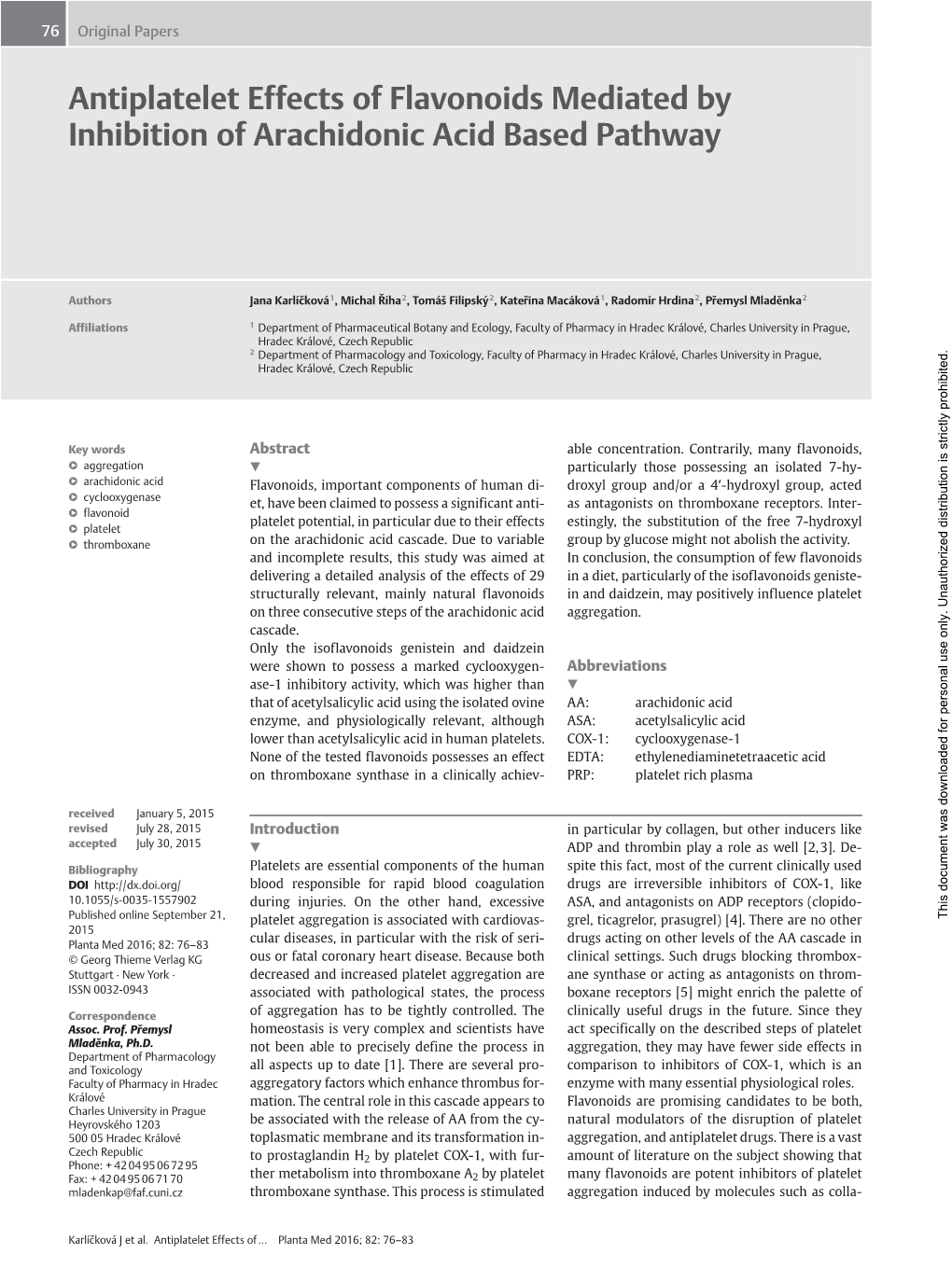 Antiplatelet Effects of Flavonoids Mediated by Inhibition of Arachidonic Acid Based Pathway