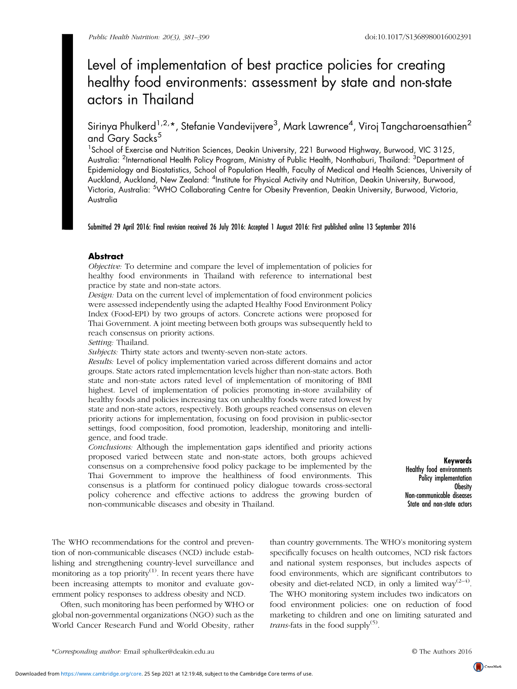 Level of Implementation of Best Practice Policies for Creating Healthy Food Environments: Assessment by State and Non-State Actors in Thailand