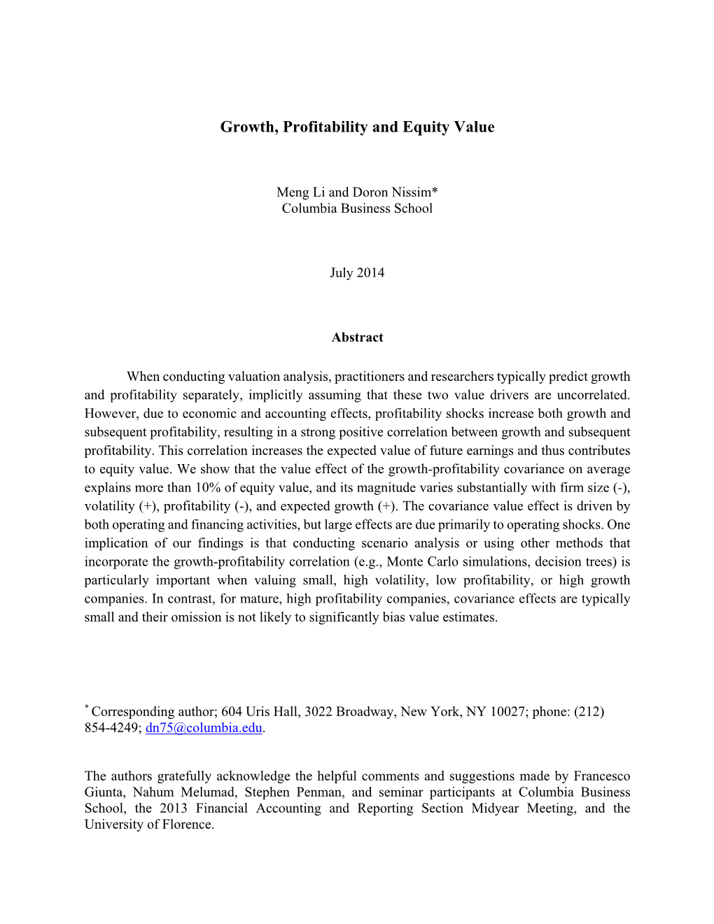 Growth, Profitability and Equity Value