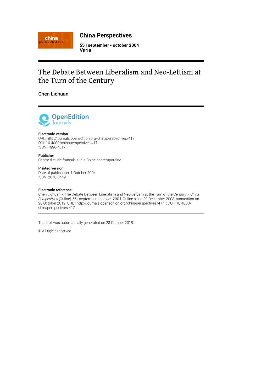 China Perspectives, 55 | September - October 2004 the Debate Between Liberalism and Neo-Leftism at the Turn of the Century 2