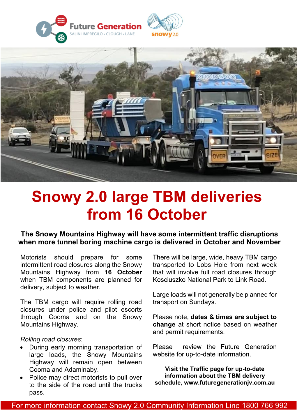 Snowy 2.0 Large TBM Deliveries from 16 October (Plus Schedule for Week