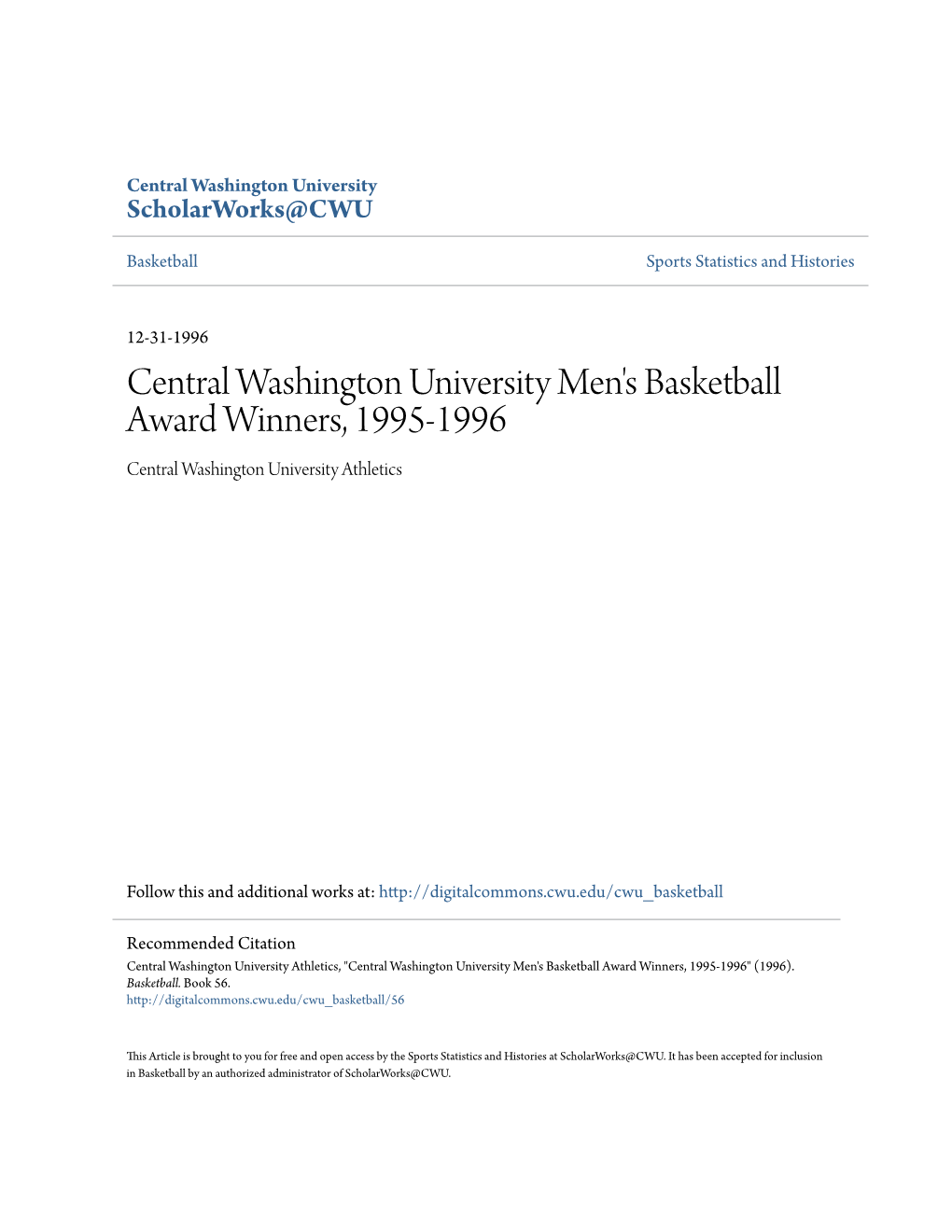 Central Washington University Men's Basketball Award Winners, 1995-1996 Central Washington University Athletics
