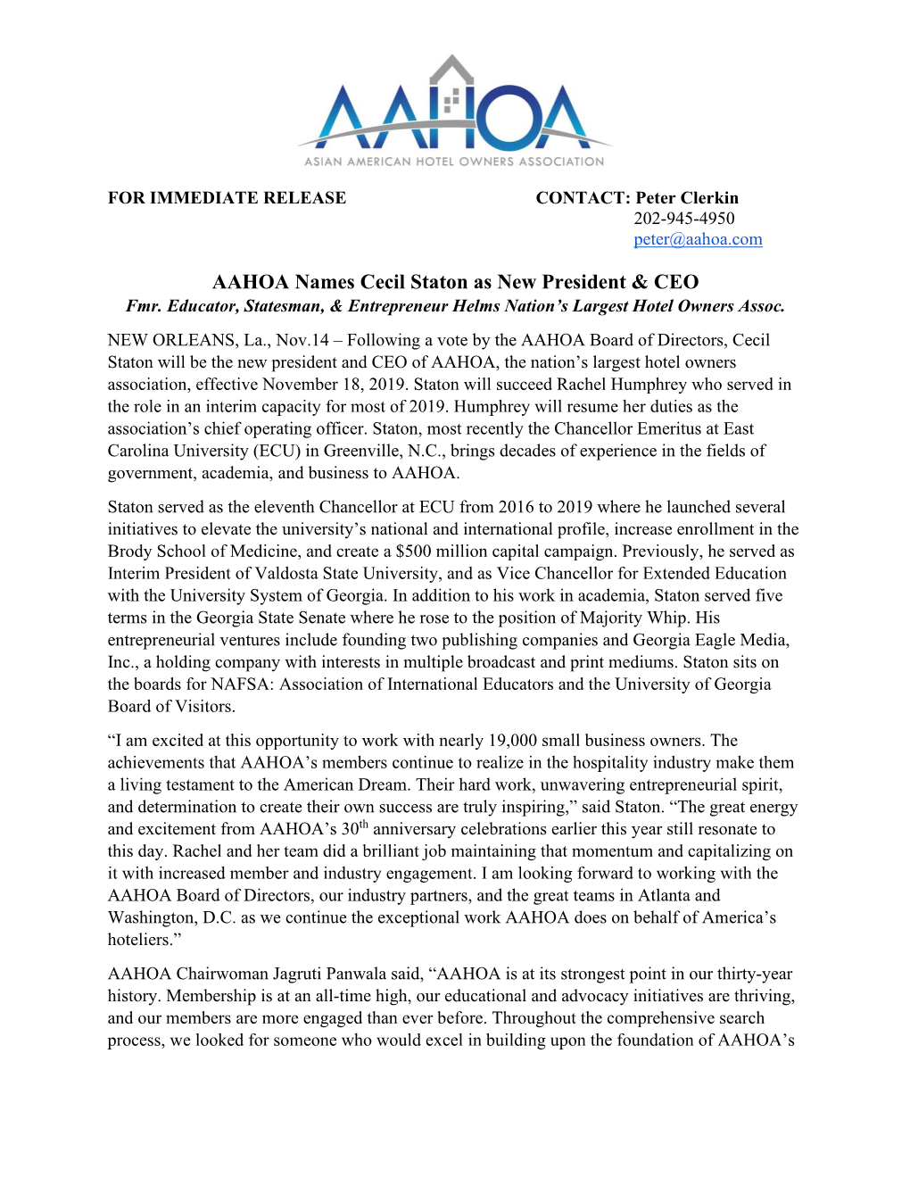 AAHOA Names Cecil Staton As New President &