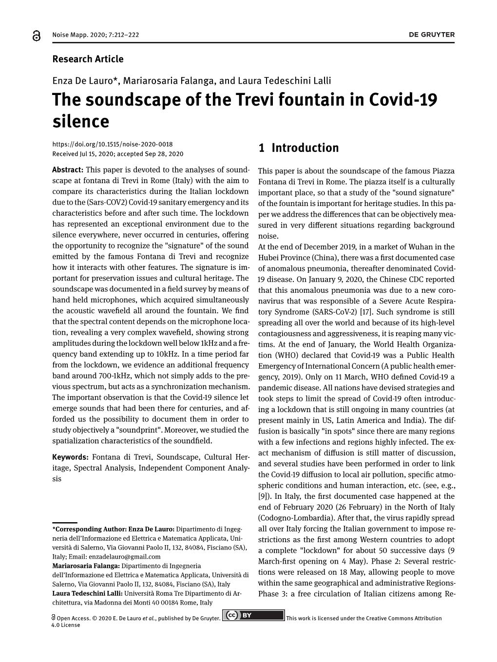 The Soundscape of the Trevi Fountain in Covid-19 Silence Received Jul 15, 2020; Accepted Sep 28, 2020 1 Introduction