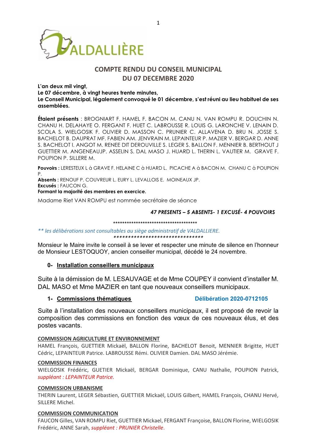 Compte Rendu Du Conseil Municipal Du 07 Decembre 2020