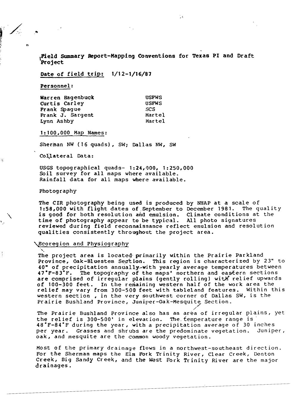 Field Summary Report Mapping Conventions for Texas PI and Draft