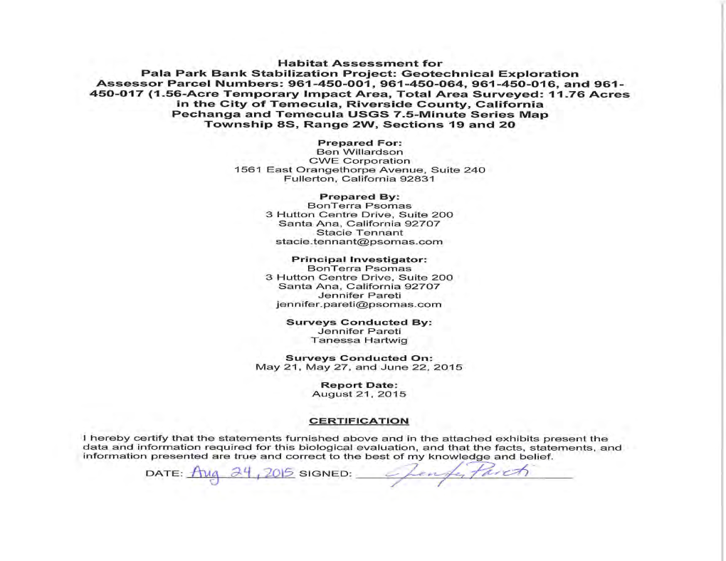 Pala Park Habitat Assessment