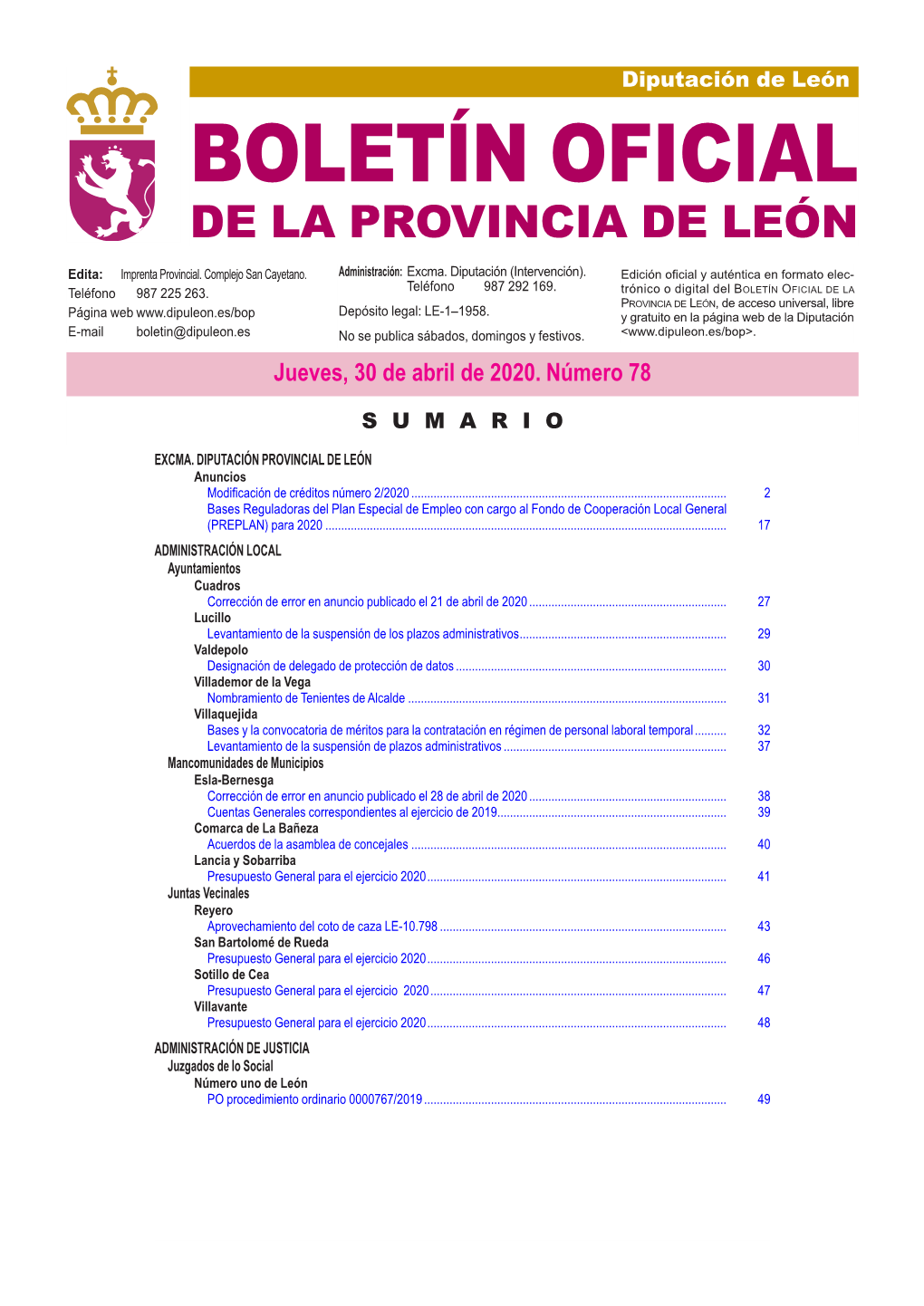 BOLETÍN OFICIAL DE LA PROVINCIA DE LEÓN Edita: Imprenta Provincial