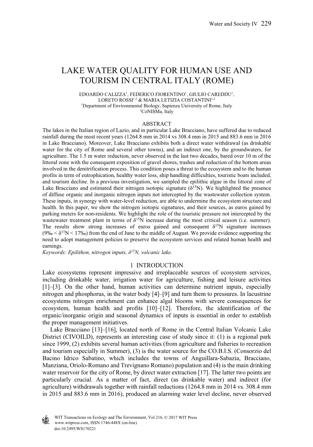 Lake Water Quality for Human Use and Tourism in Central Italy (Rome)