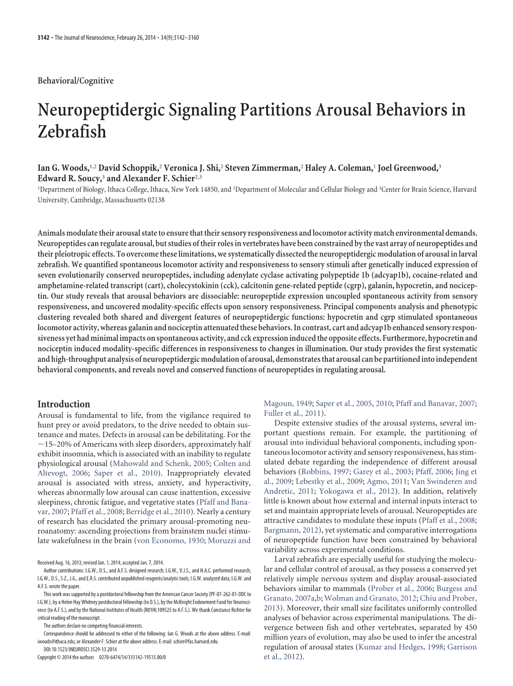 Neuropeptidergic Signaling Partitions Arousal Behaviors in Zebrafish