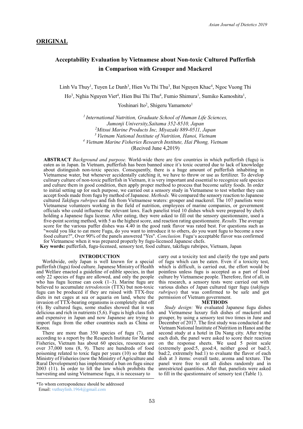 Acceptability Evaluation by Vietnamese About Non-Toxic Cultured Pufferfish in Comparison with Grouper and Mackerel