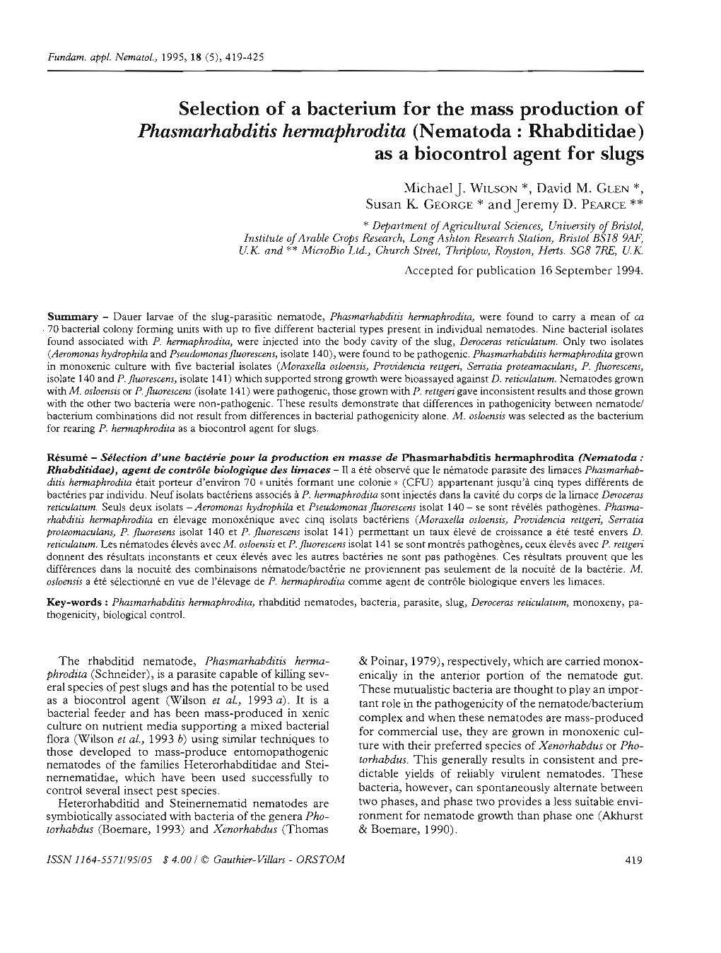 Selection of a Bacterium for the Mass Production of Phasmarhabditis Hermaphrodita (Nematoda : Rhabditidae) As a Biocontrol Agent for Slugs