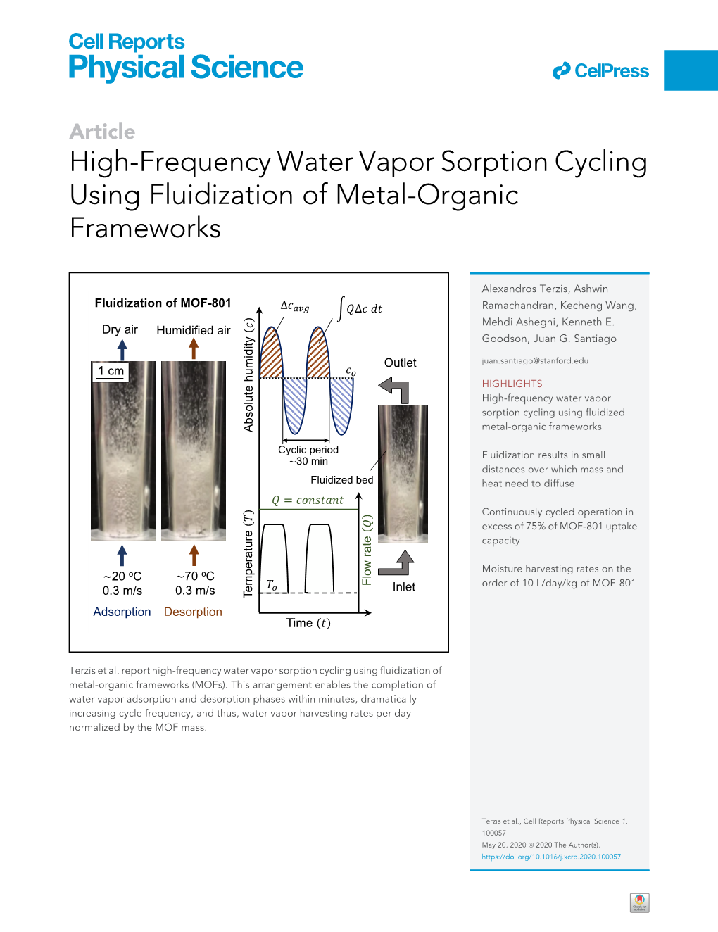 High-Frequency Water Vapor Sorption Cycling Using Fluidization of Metal-Organic Frameworks