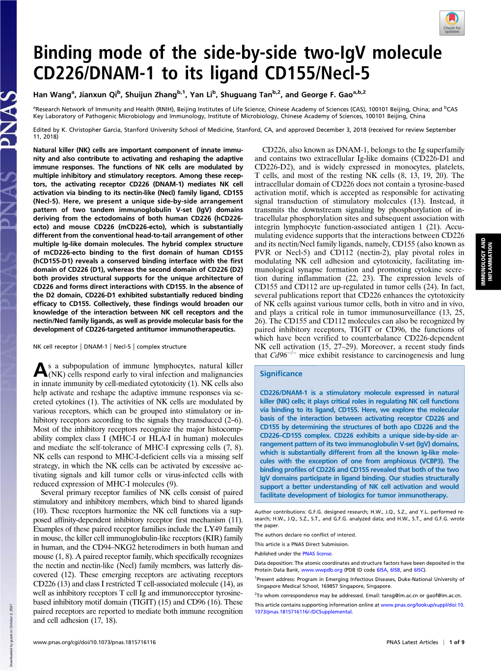 Binding Mode of the Side-By-Side Two-Igv Molecule CD226/DNAM-1 to Its Ligand CD155/Necl-5