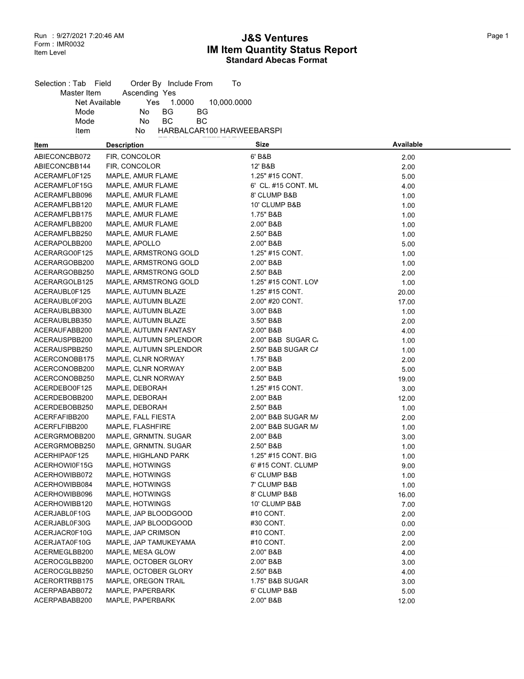 J&S Ventures IM Item Quantity Status Report