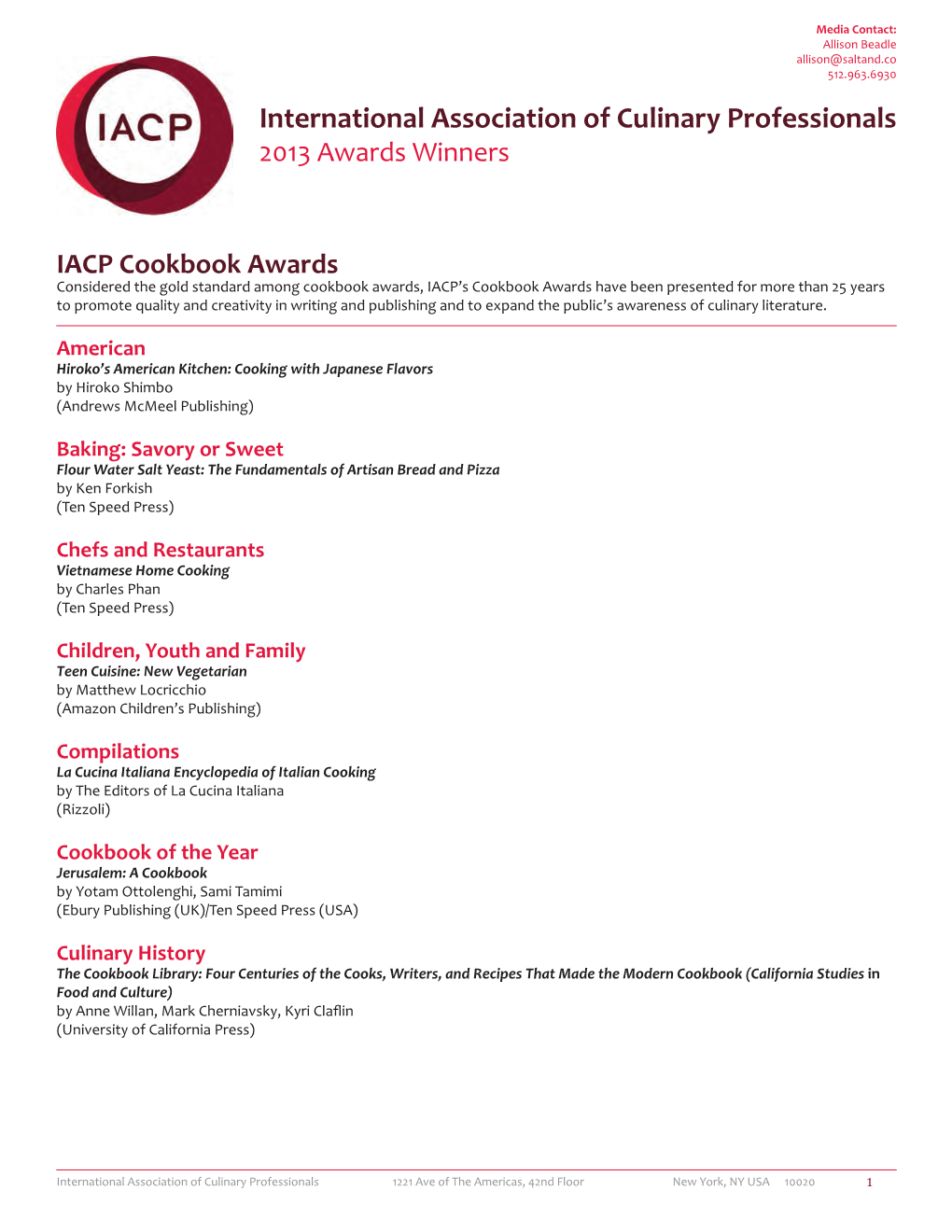 International Association of Culinary Professionals 2013 Awards Winners